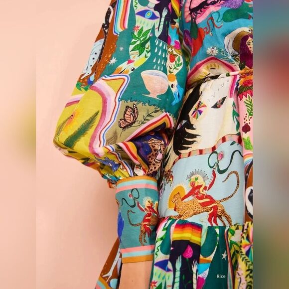 Fun Cute Long Sleeve Mini Shirt Dress with Colorful Graphic Print Az S M L XL 2X - Picture 7 of 10